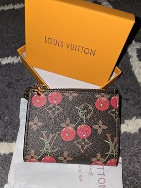 Brown Monogram Cherry Zip Pouch with Red Accents